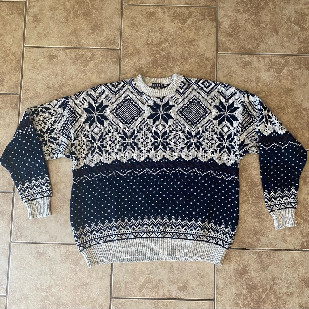 Vintage Fair Isle Christmas Sweater XXL Tan Blue Red Warm Grandpa Sweater